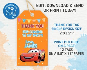 Cars Disney Thank you tags