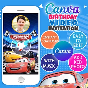 Animated Lightning McQueen birthday video invitation with race-themed design – editable Canva template