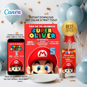 Super Mario birthday invitation card – editable Canva template with Mario and Luigi design for kids’ party.