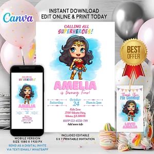 Wonder Woman birthday invitation template for girls – editable Canva design with bold and empowering modern style.