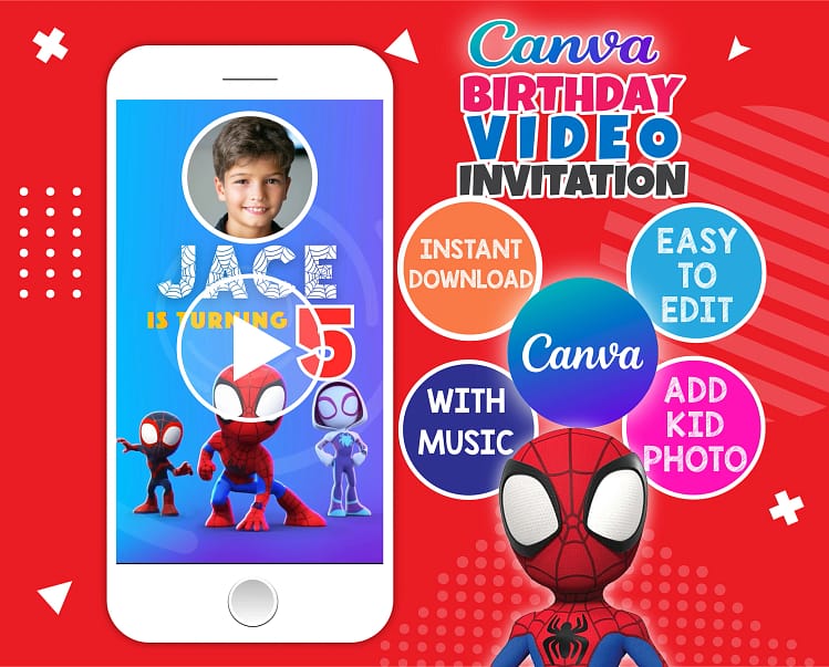 Spidey and His Amazing Friends birthday video invitation – editable Canva template with animated superhero theme