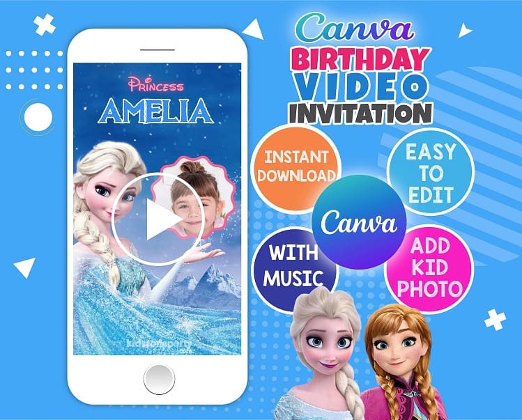 Frozen animated birthday video invitation – editable Canva template with Elsa and Anna