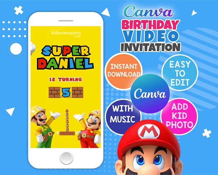 Super Mario animated birthday video invitation – Canva template with Mario and Luigi