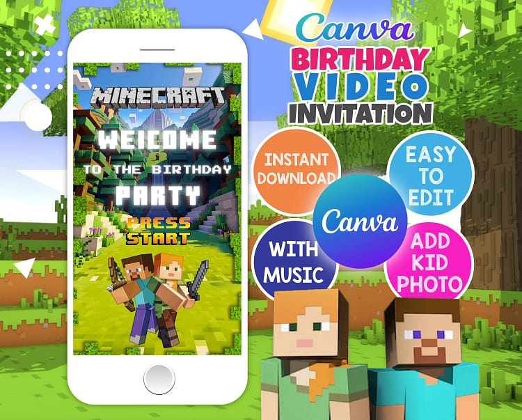 Minecraft birthday video invitation – editable Canva template in pixel style