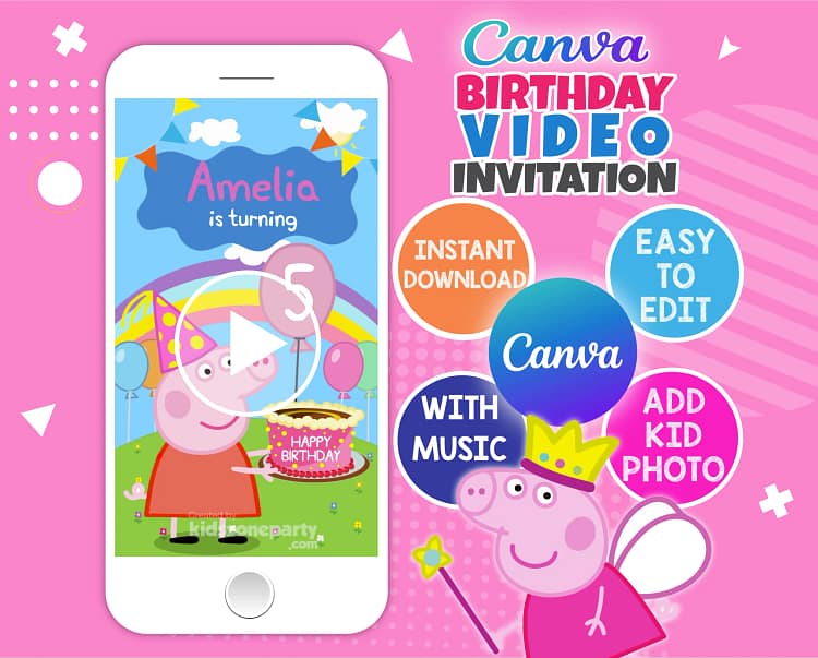 Peppa Pig animated birthday video invitation – editable Canva template for kids’ digital party invites.