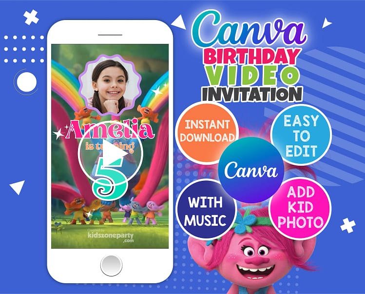 Trolls birthday video invitation with Poppy – editable Canva template for kids' digital party invites