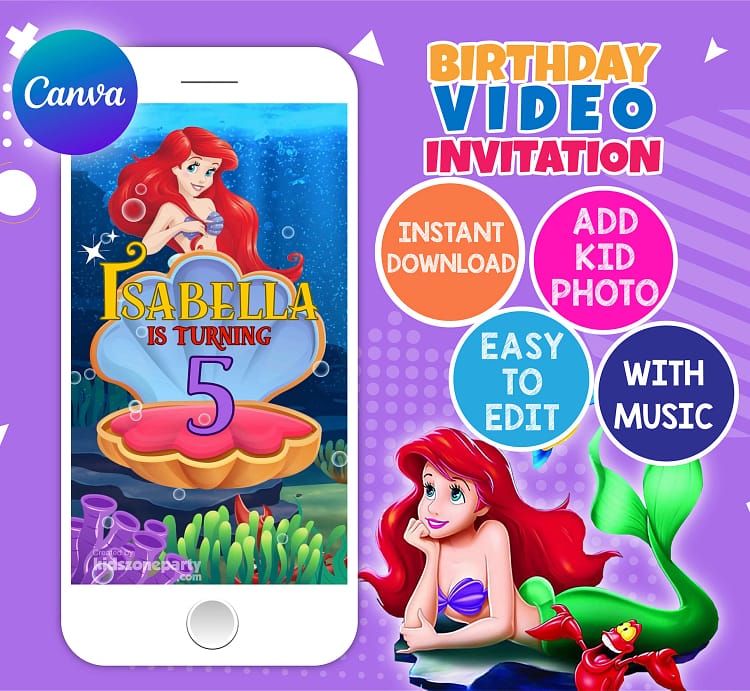 The Little Mermaid animated video invitation for girl’s birthday – editable Canva template.