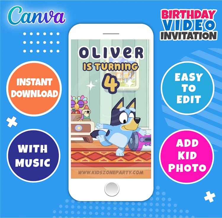 Bluey animated birthday video invitation – editable Canva template for kids party
