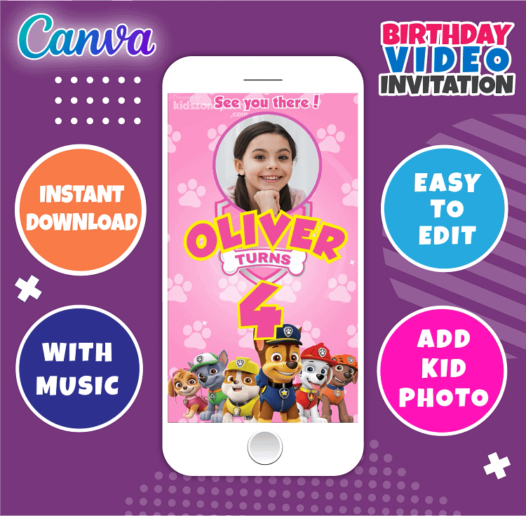 Skye Paw Patrol animated birthday video invitation for girls – editable Canva template.