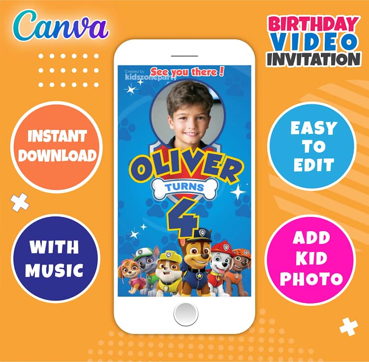 Paw Patrol animated birthday video invitation – editable Canva template for kids’ digital party.