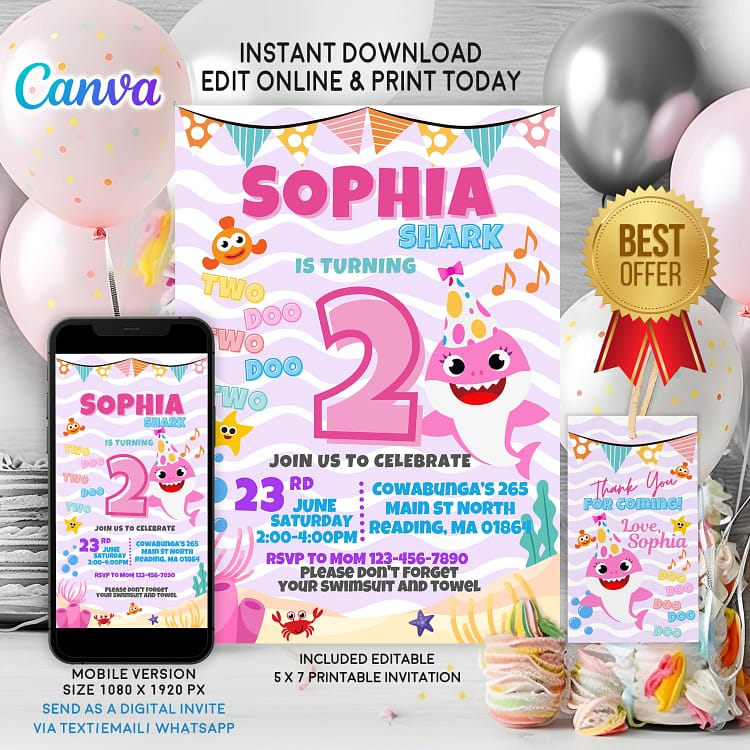 Pink Baby Shark birthday invitation for girls – editable Canva template for ocean-themed kids’ parties.