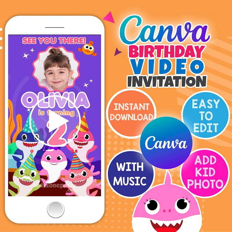 Pink Baby Shark animated birthday invitation video – editable Canva template for girl party
