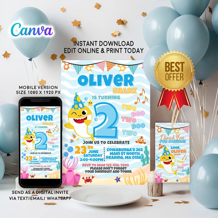 Baby Shark Birthday Invitation | Editable Canva Template | Instant Download