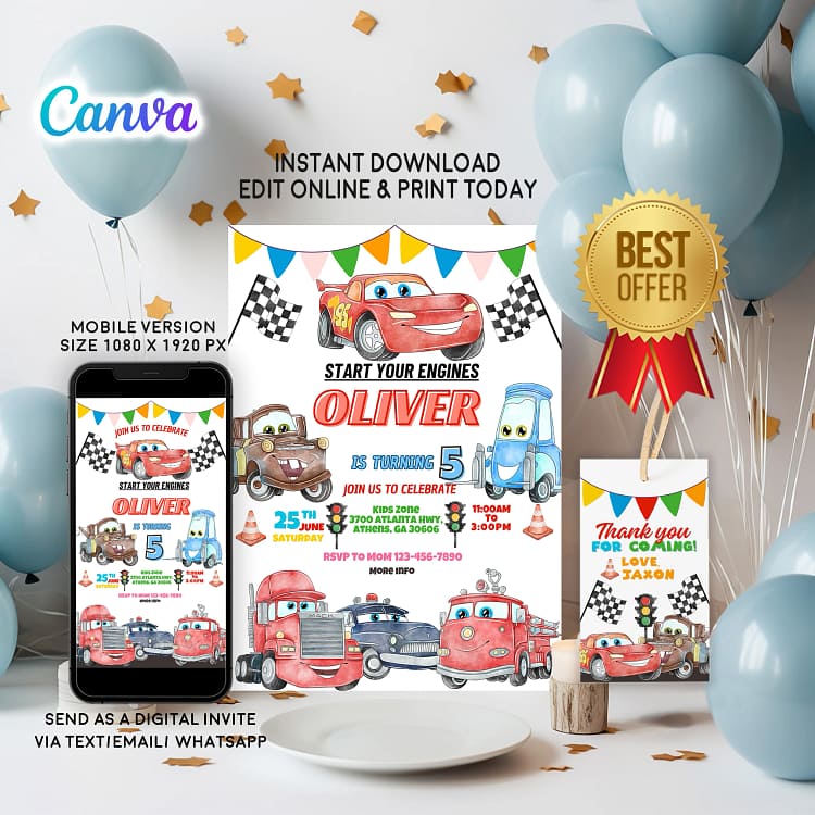 Editable Cars McQueen Birthday Invitation