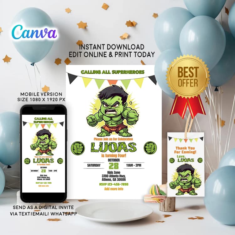 Editable Hulk birthday invitation template for boys – green superhero Canva design for kids’ party.