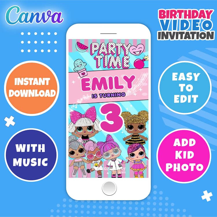 LOL Surprise animated birthday invitation video – editable Canva template