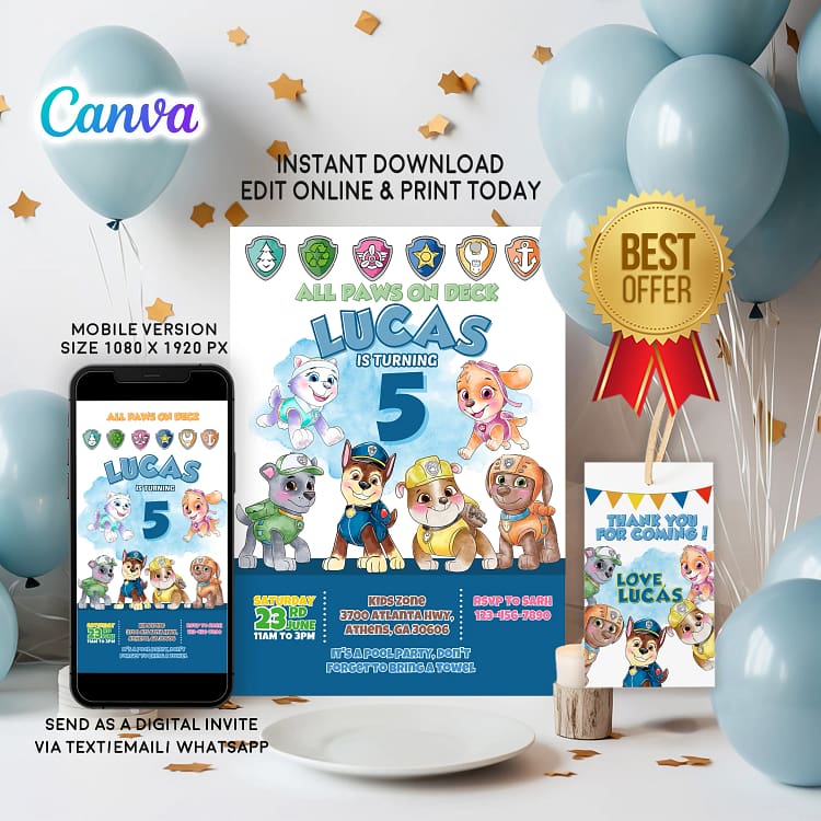 Paw Patrol birthday invitation template for girl with Skye and Everest in pink theme – editable on Canva and ready to download.