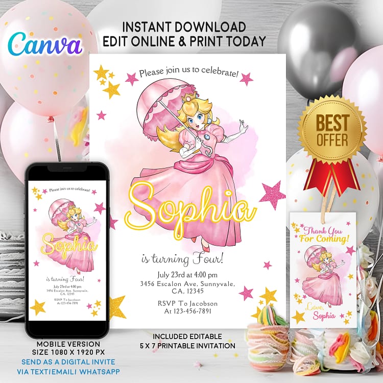 Princess Peach birthday invitation for girls – editable Canva template with pink royal design for Super Mario-themed party.