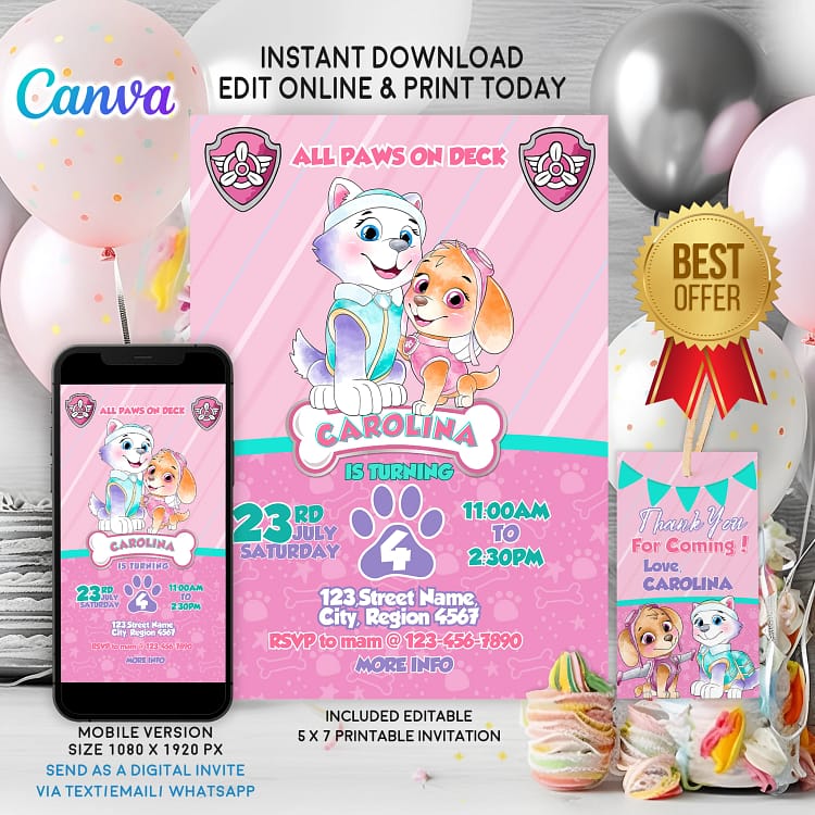 Paw Patrol birthday invitation template for girl with Skye and Everest in pink theme – editable on Canva and ready to download.