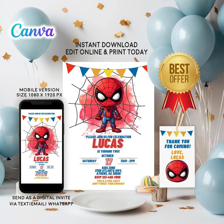Spiderman Birthday Invitation Card | Editable Canva Template | Instant Download