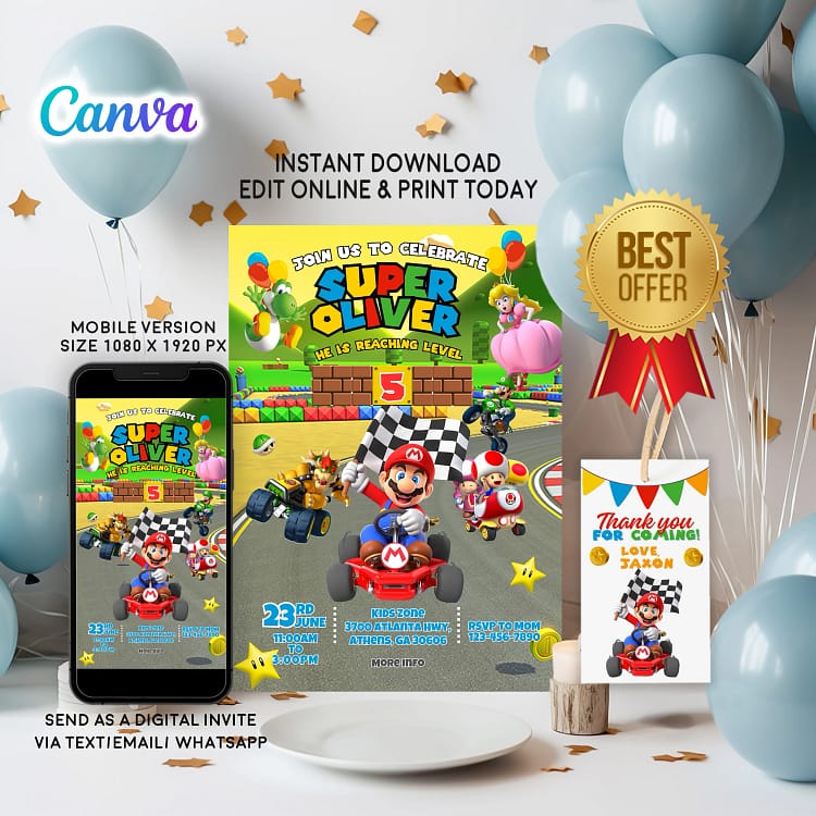 Super Mario birthday invitation card – editable Canva template with Mario and Luigi design for kids’ party.
