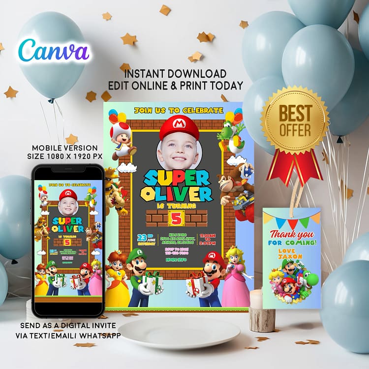 Super Mario birthday invitation card – editable Canva template with Mario and Luigi design for kids’ party.