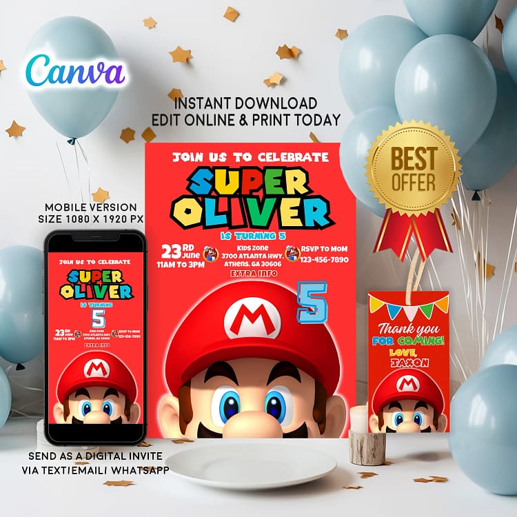 Super Mario birthday invitation card – editable Canva template with Mario and Luigi design for kids’ party.